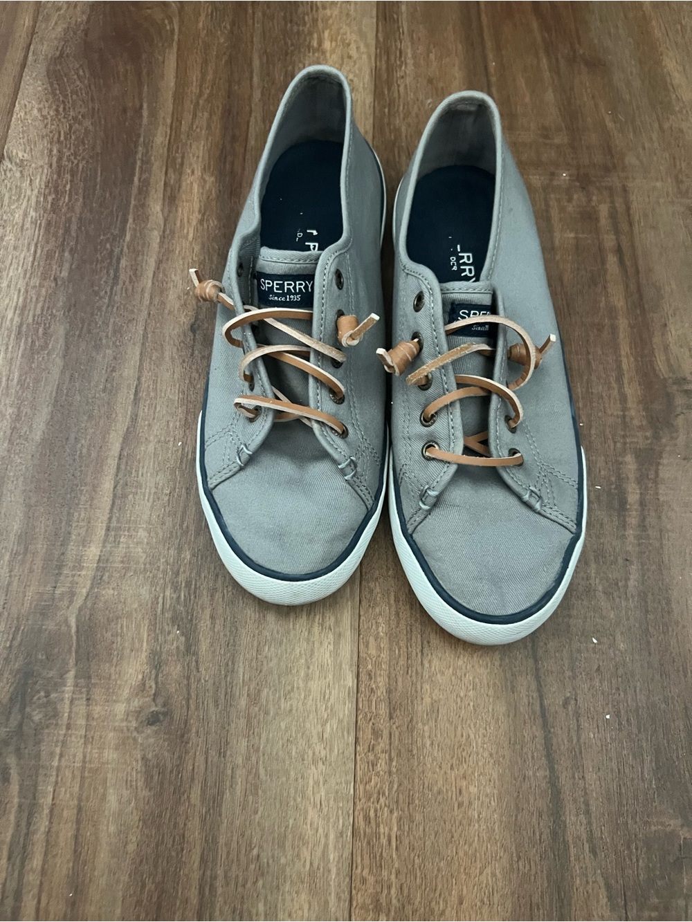 Sperry Gray Canvas Boat Shoes with Tan Laces